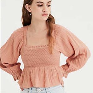American Eagle Pink Square Neck Long Sleeve Blouse